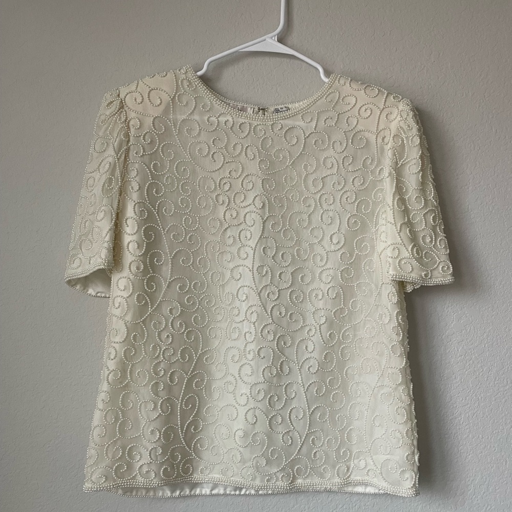 Vintage Laurence Kazar Ivory Beaded Silk Blouse Short-Sleeve Top Size L NWT